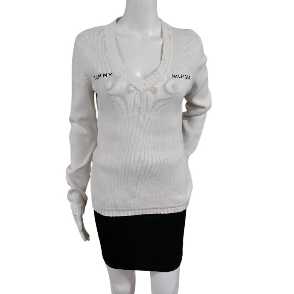 Tommy Hilfiger 100% Cotton Long Sleeve V-Neck Rib Preppy Sweater Gray Medium - Picture 2 of 13